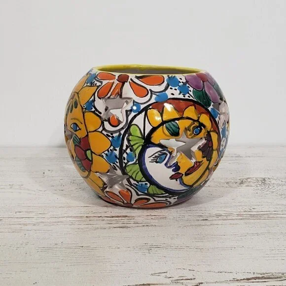 Handmade  Hand painted  Sun Moon Stars Flowers Colorful Candle Holder - Picture 2 of 4